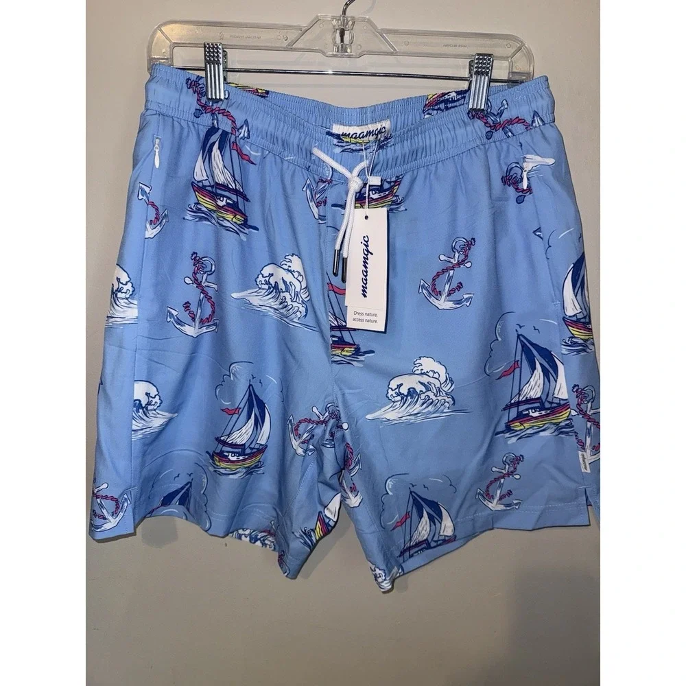 Maagic Men's 7-inch‎ Sailboat Anchor Print Swim Trunks with Mesh Lining Size XL
